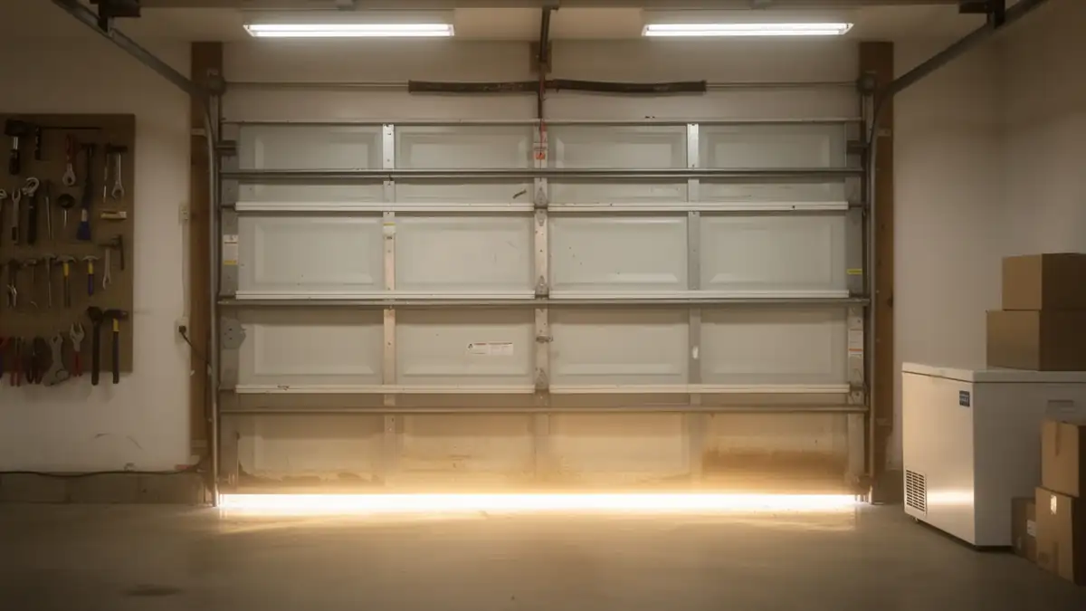 A white garage door is partially open with sunlight streaming in.