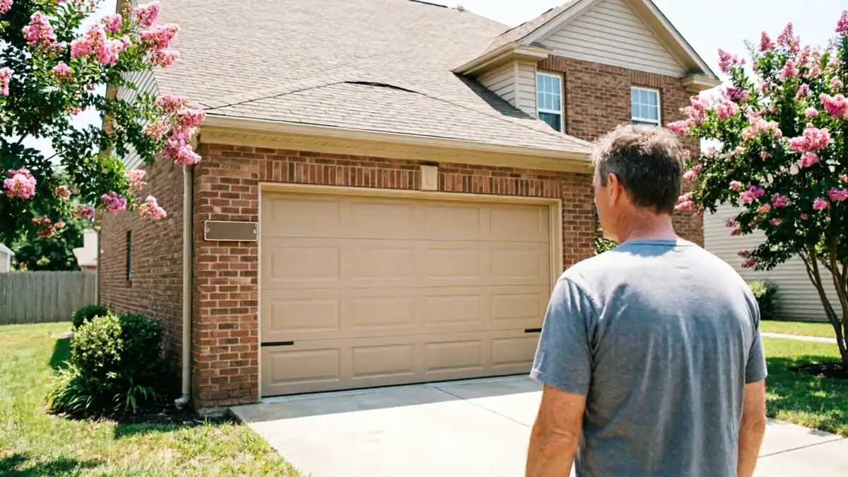 A man in a gray shirt stands facing a tan garage door on a brick house.