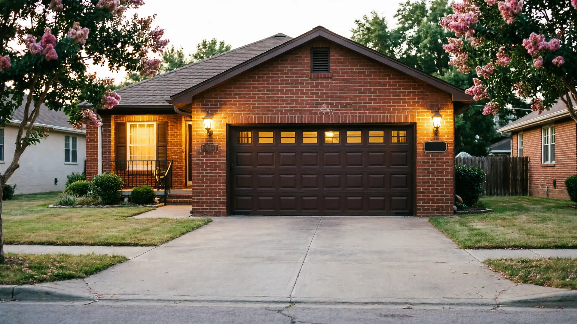 The house has a brown garage door with windows, brick walls, and two outdoor lights.
