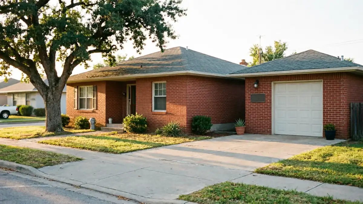 A red brick house with an attached garage and a white garage door.