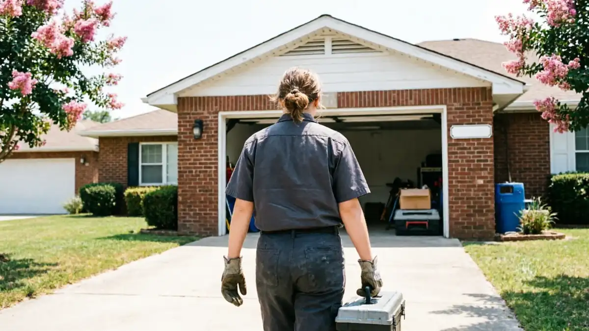 A technician carries a toolbox toward an open garage door of a brick house.