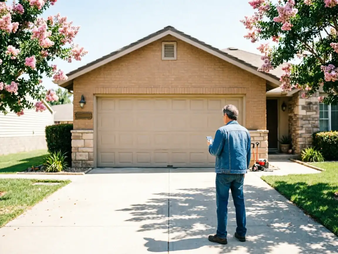 A man stands in a driveway looking at his phone in front of a garage door.