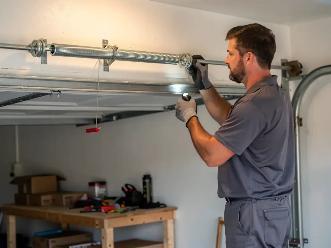 A technician in a gray shirt is inspecting a garage door torsion spring.