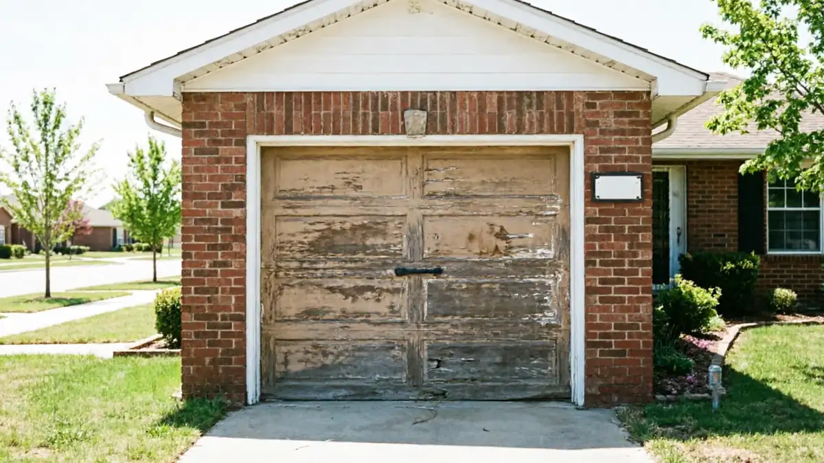 A weathered garage door with peeling paint on a brick house.