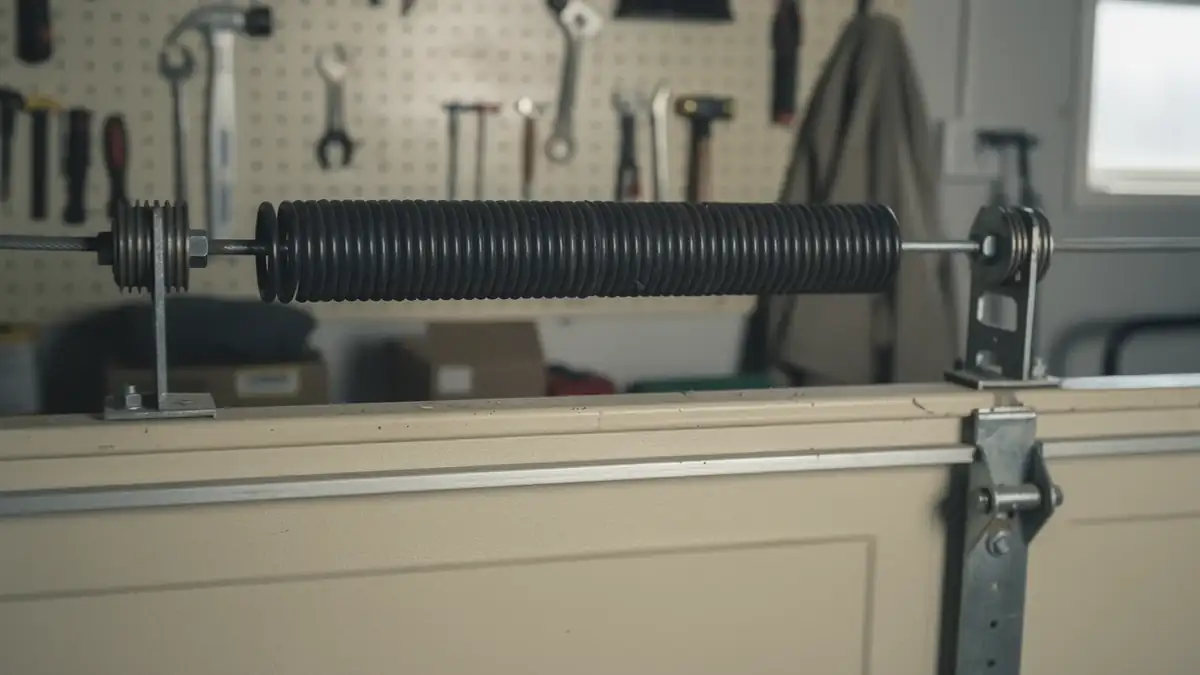 A black torsion spring is mounted above a beige garage door.